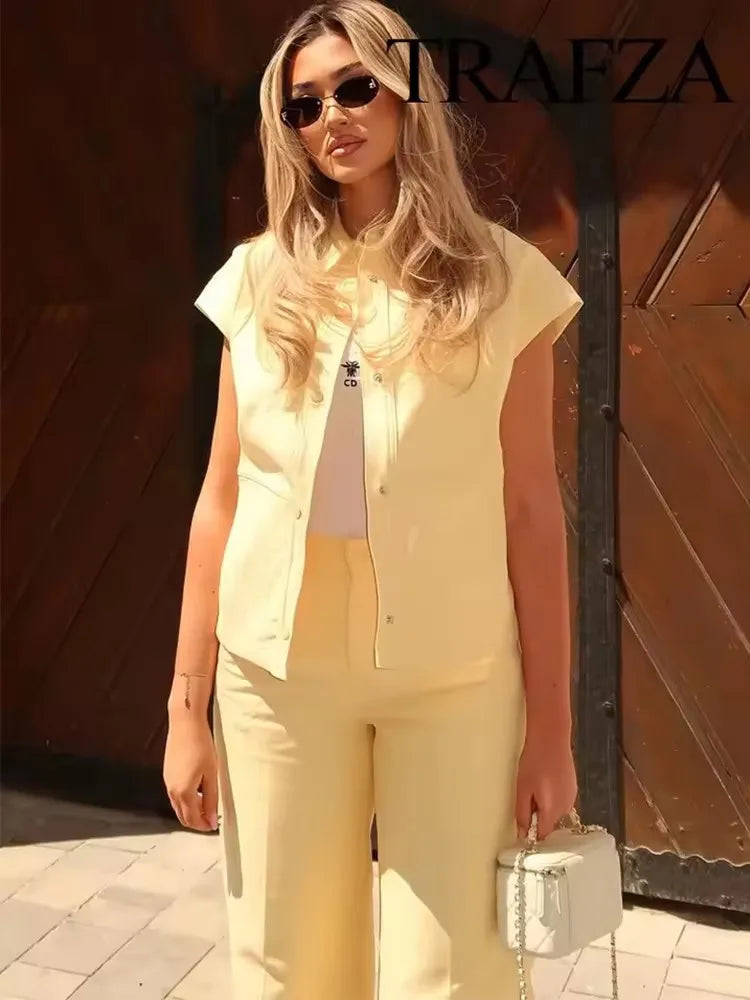 Conjunto de Chaleco y Pantalón Moda Urbana - Set de Dos Piezas con Solapa - Chaleco Manga Corta y Pantalón Pierna Ancha - Outfit Casual Verano Mujer