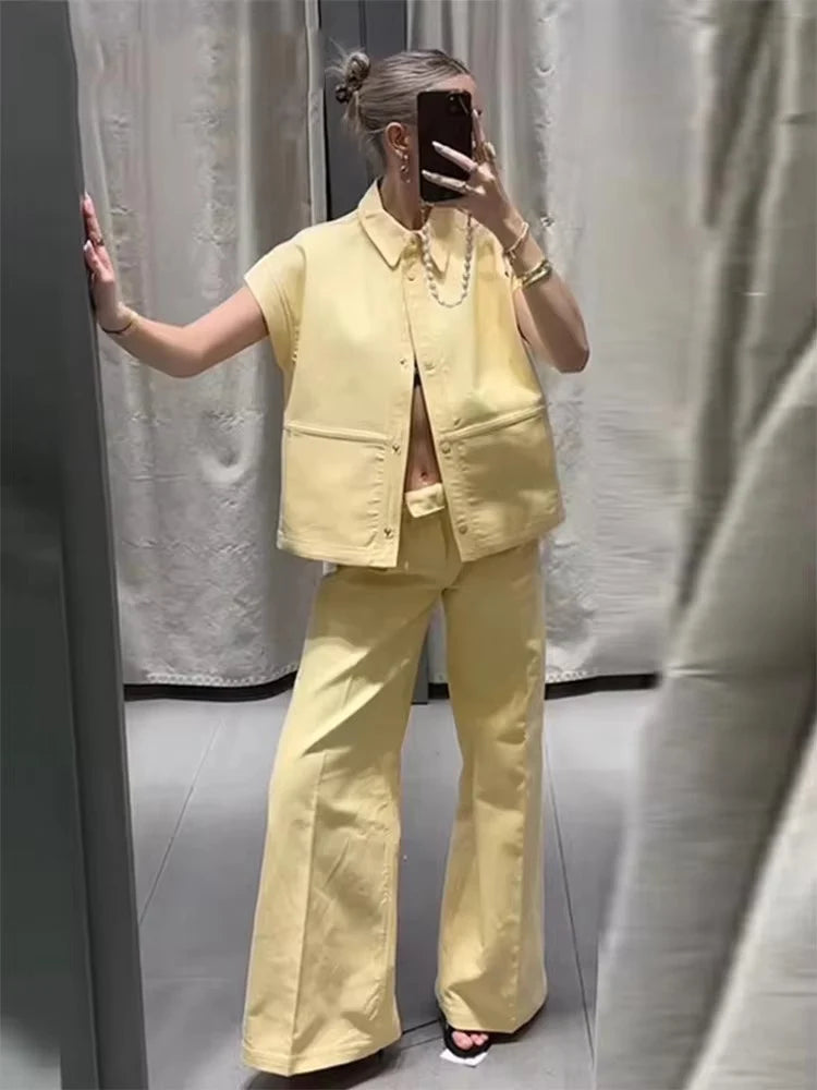 Conjunto de Chaleco y Pantalón Moda Urbana - Set de Dos Piezas con Solapa - Chaleco Manga Corta y Pantalón Pierna Ancha - Outfit Casual Verano Mujer