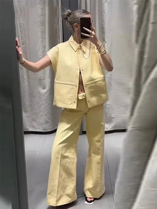 Conjunto de Chaleco y Pantalón Moda Urbana - Set de Dos Piezas con Solapa - Chaleco Manga Corta y Pantalón Pierna Ancha - Outfit Casual Verano Mujer