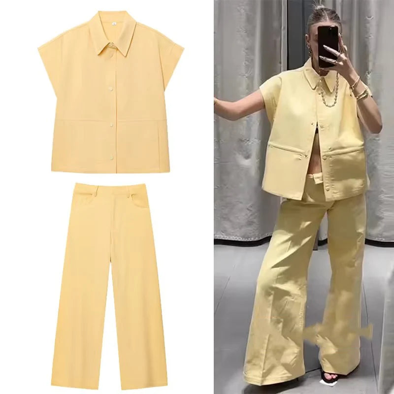 Conjunto de Chaleco y Pantalón Moda Urbana - Set de Dos Piezas con Solapa - Chaleco Manga Corta y Pantalón Pierna Ancha - Outfit Casual Verano Mujer