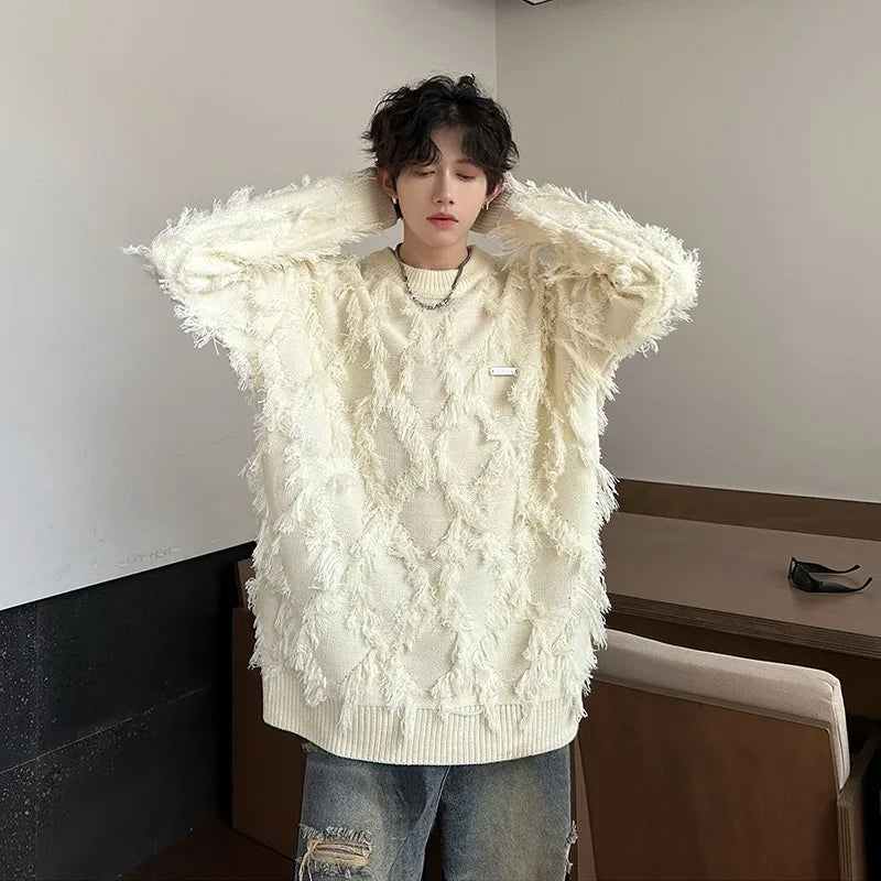 Suéter Retro con Agujeros y Flecos - Pullover Tejido Suelto Manga Larga - Jersey Versátil Streetwear para Hombre