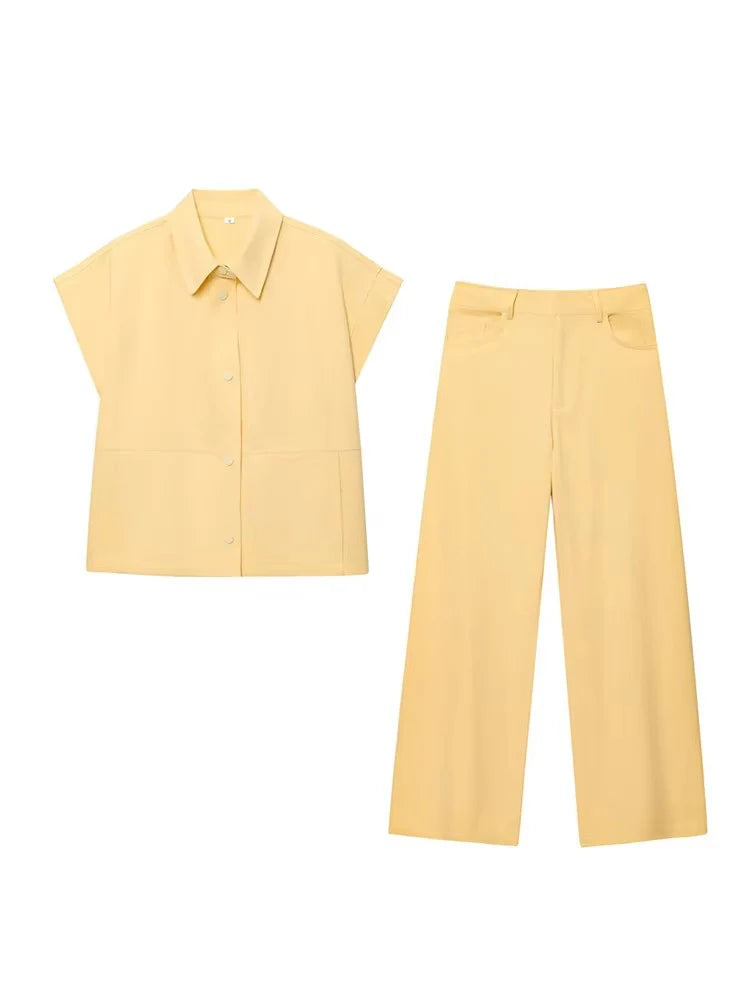 Conjunto de Chaleco y Pantalón Moda Urbana - Set de Dos Piezas con Solapa - Chaleco Manga Corta y Pantalón Pierna Ancha - Outfit Casual Verano Mujer