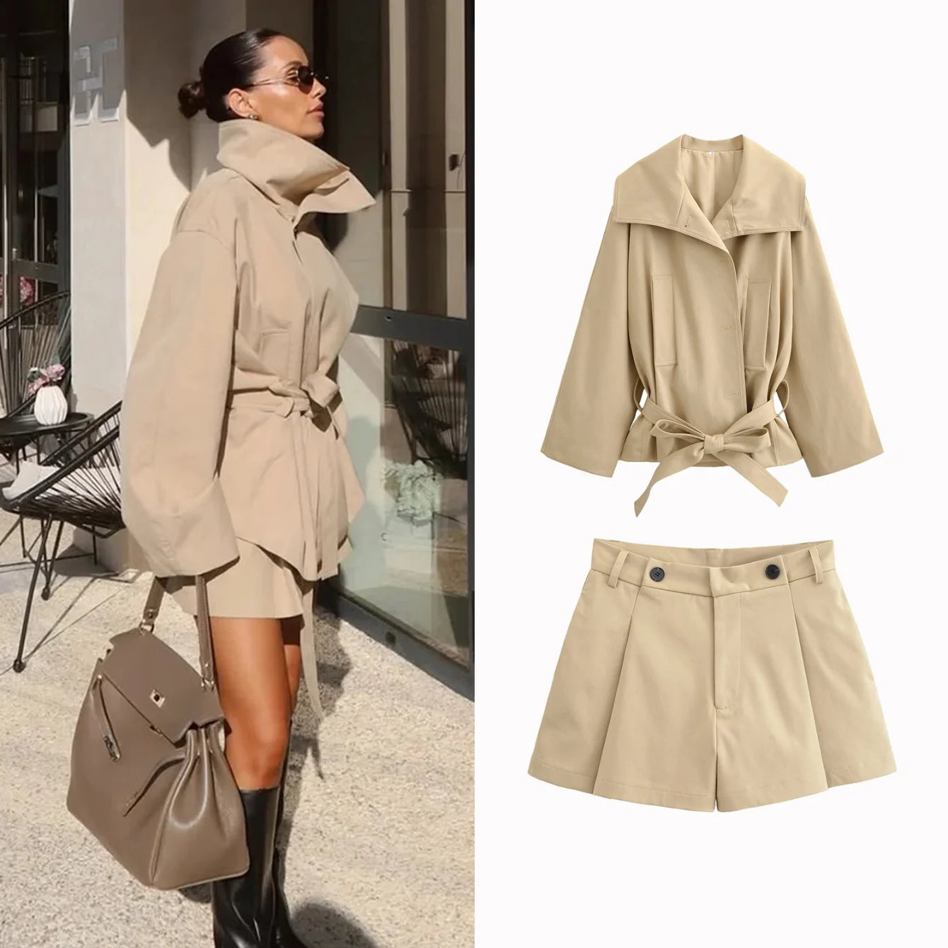 Conjunto de Shorts Elegante Mujer - Chaqueta con Cinturón y Shorts Mini - Traje Femenino Otoño - Streetwear con Temperamento