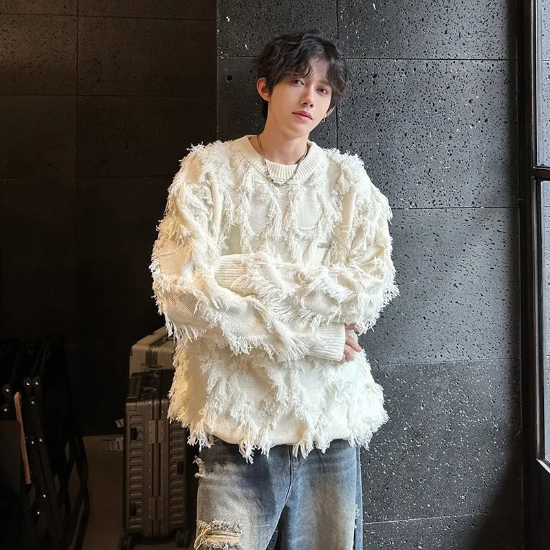 Suéter Retro con Agujeros y Flecos - Pullover Tejido Suelto Manga Larga - Jersey Versátil Streetwear para Hombre