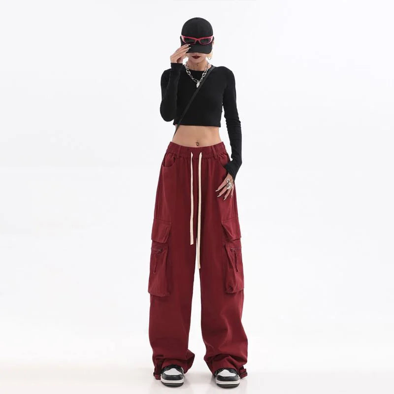 Streetwear Vintage Hip Hop Oversize Red Cargo Pants Women Drawstring Elastic Waist Loose Wide Leg Harajuku Casual Trousers 2023