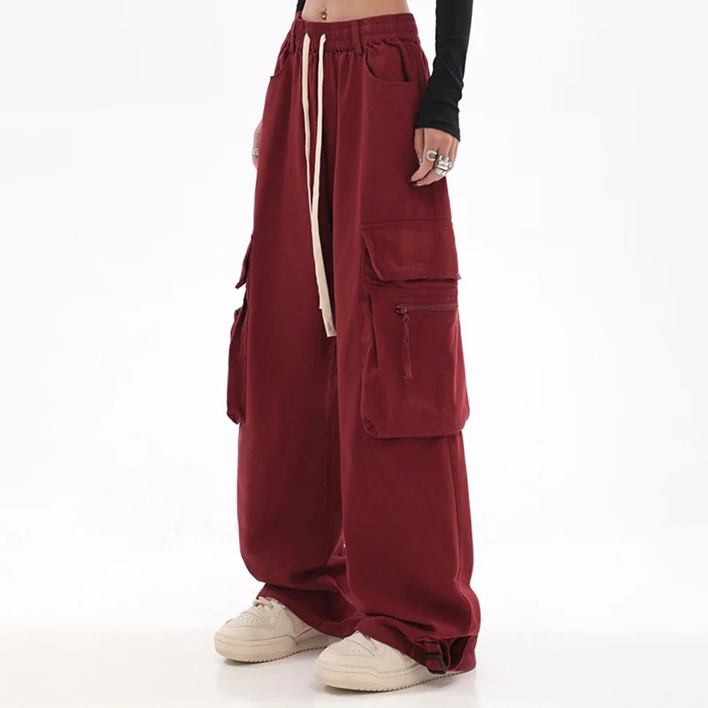 Streetwear Vintage Hip Hop Oversize Red Cargo Pants Women Drawstring Elastic Waist Loose Wide Leg Harajuku Casual Trousers 2023