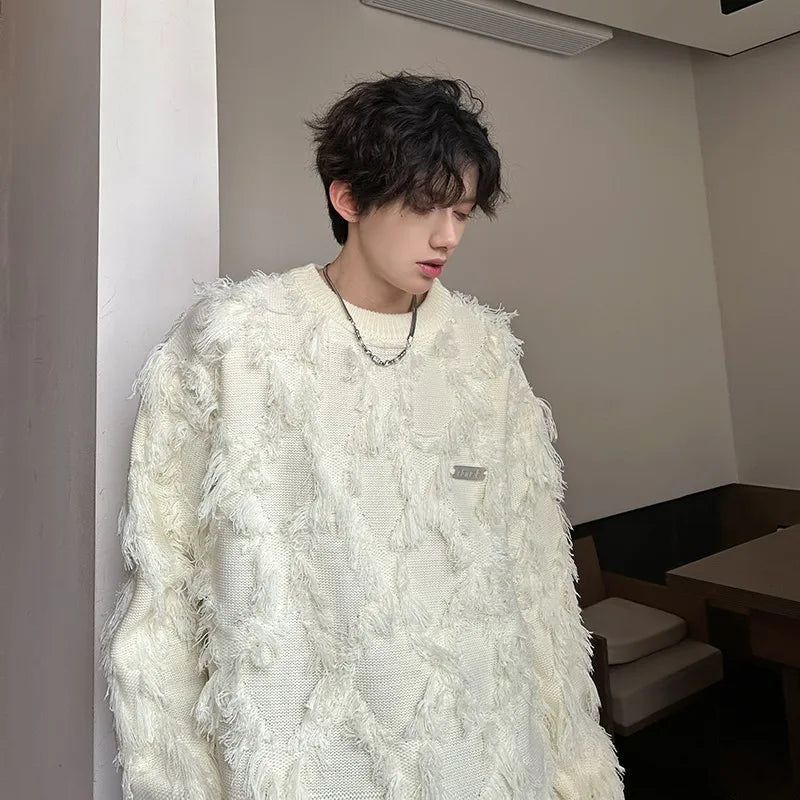 Suéter Retro con Agujeros y Flecos - Pullover Tejido Suelto Manga Larga - Jersey Versátil Streetwear para Hombre