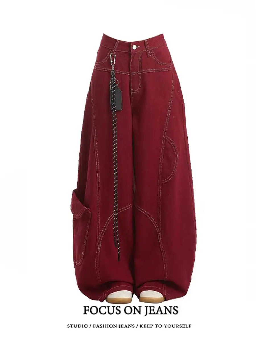 Jeans Vintage Y2K Rojos Estilo Harajuku - Pantalón Denim Baggy Cintura Alta - Pierna Ancha Unisex - Streetwear 2025