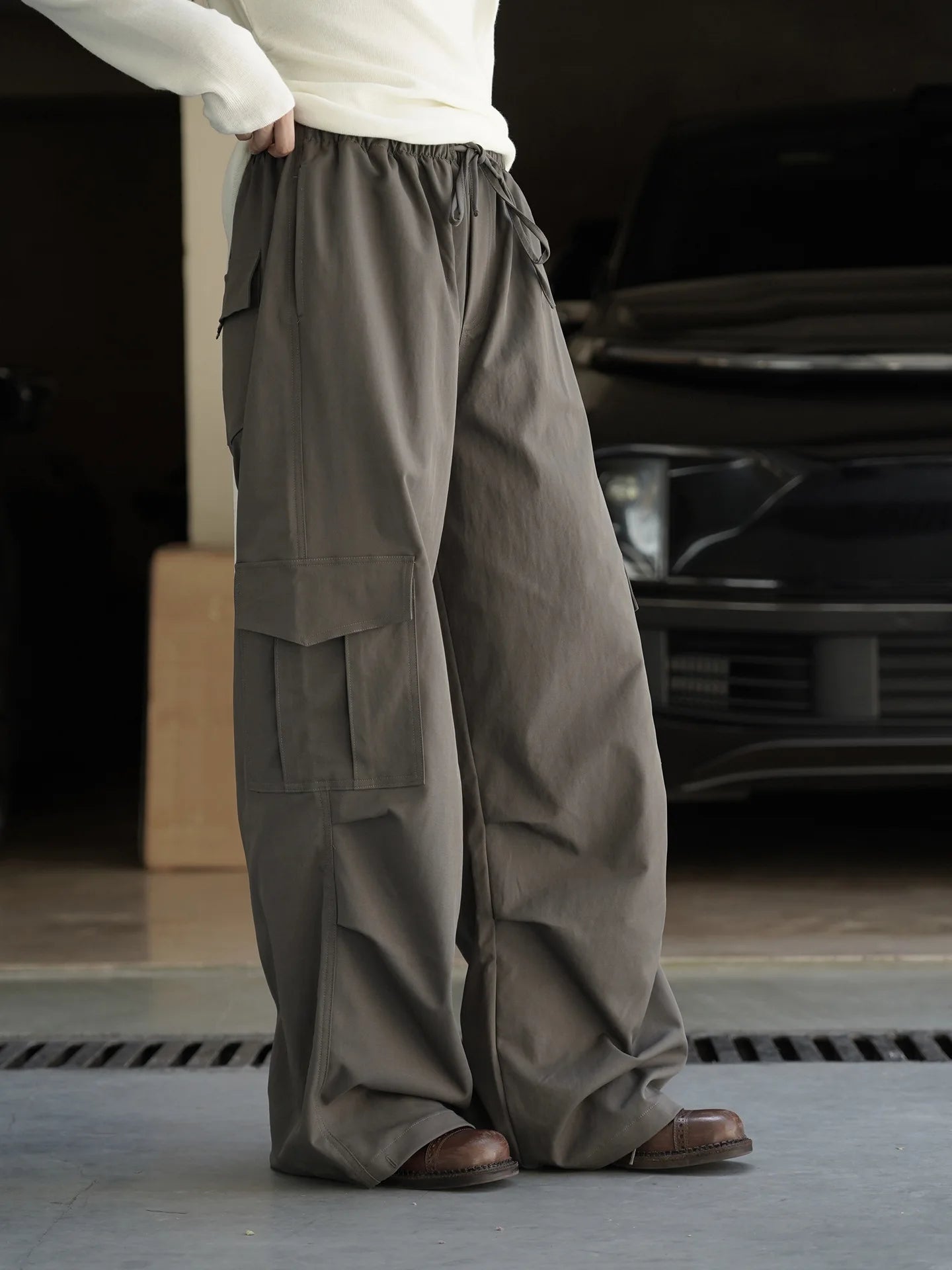 Pantalones Casuales Estilo Workwear Urbano - Cintura Elástica con Cordón - Bolsillos Plisados - Pantalón Largo para Mujer