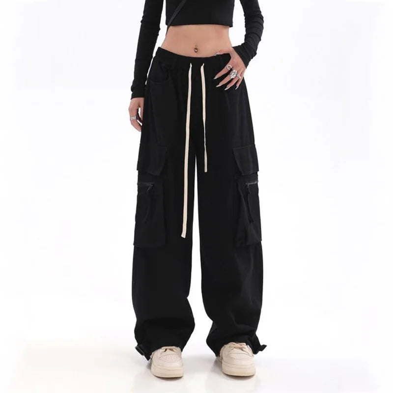 Streetwear Vintage Hip Hop Oversize Red Cargo Pants Women Drawstring Elastic Waist Loose Wide Leg Harajuku Casual Trousers 2023