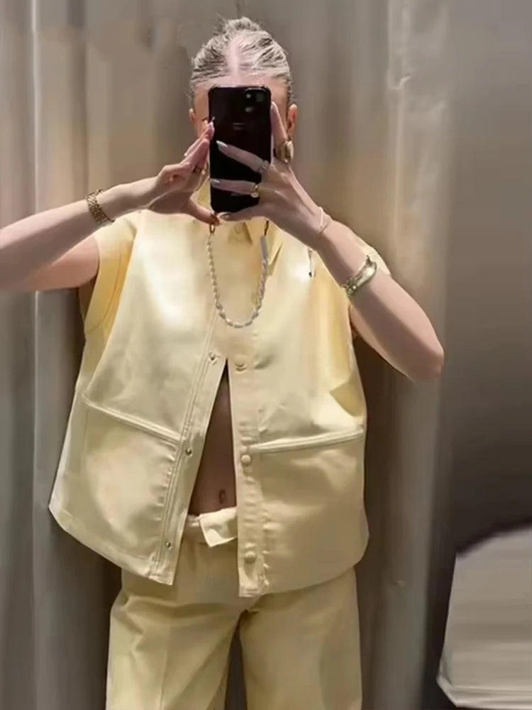 Conjunto de Chaleco y Pantalón Moda Urbana - Set de Dos Piezas con Solapa - Chaleco Manga Corta y Pantalón Pierna Ancha - Outfit Casual Verano Mujer