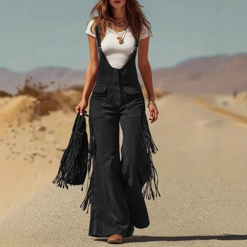 Mono Retro de Pierna Ancha con Flecos - Overall de Gamuza con Botones - Body con Tirantes en U - Streetwear Primavera Verano Mujer 2026