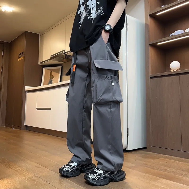 Trendy Men's Cargo Pants Loose Fit American Sle Summer Spring Low Waist Trousers for Casual Wear Modern Wind PU Material