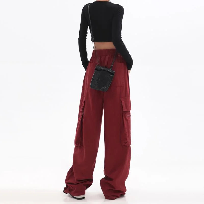 Streetwear Vintage Hip Hop Oversize Red Cargo Pants Women Drawstring Elastic Waist Loose Wide Leg Harajuku Casual Trousers 2023