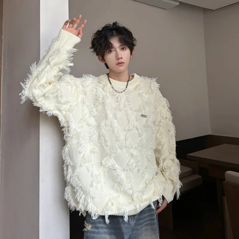 Suéter Retro con Agujeros y Flecos - Pullover Tejido Suelto Manga Larga - Jersey Versátil Streetwear para Hombre