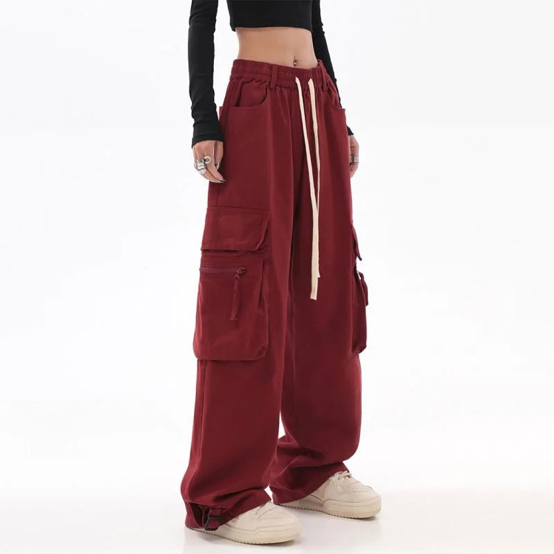 Streetwear Vintage Hip Hop Oversize Red Cargo Pants Women Drawstring Elastic Waist Loose Wide Leg Harajuku Casual Trousers 2023