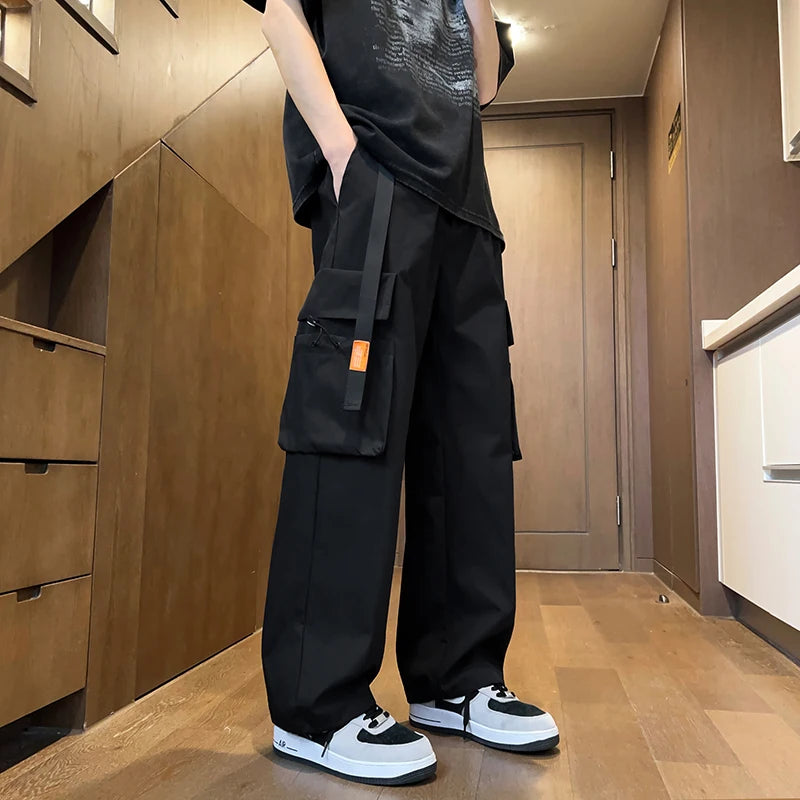 Trendy Men's Cargo Pants Loose Fit American Sle Summer Spring Low Waist Trousers for Casual Wear Modern Wind PU Material