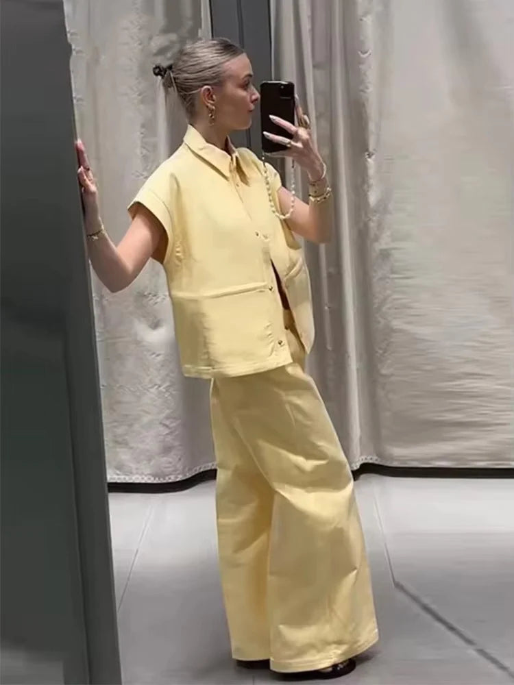 Conjunto de Chaleco y Pantalón Moda Urbana - Set de Dos Piezas con Solapa - Chaleco Manga Corta y Pantalón Pierna Ancha - Outfit Casual Verano Mujer