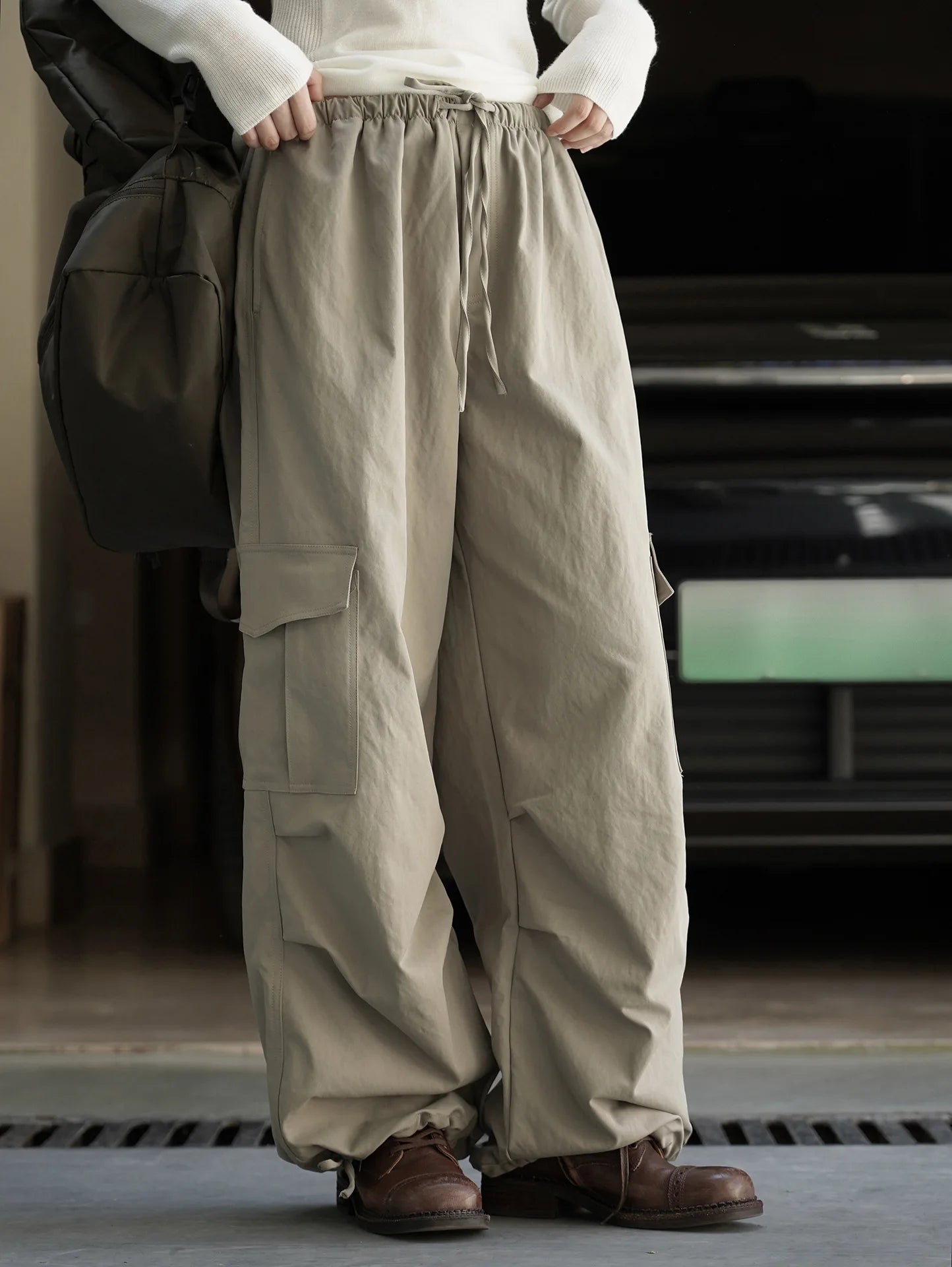 Pantalones Casuales Estilo Workwear Urbano - Cintura Elástica con Cordón - Bolsillos Plisados - Pantalón Largo para Mujer