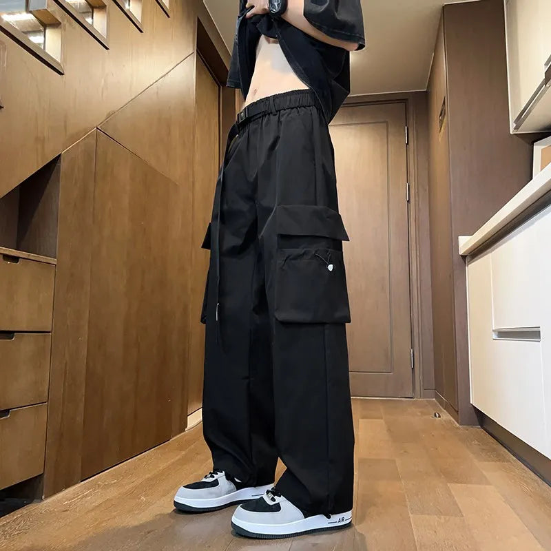 Trendy Men's Cargo Pants Loose Fit American Sle Summer Spring Low Waist Trousers for Casual Wear Modern Wind PU Material