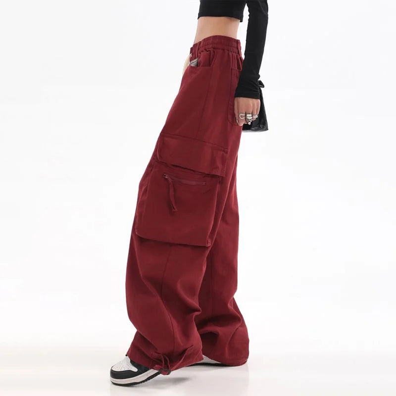 Streetwear Vintage Hip Hop Oversize Red Cargo Pants Women Drawstring Elastic Waist Loose Wide Leg Harajuku Casual Trousers 2023