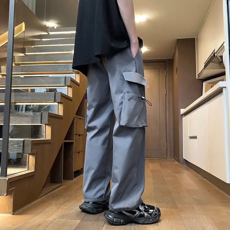 Trendy Men's Cargo Pants Loose Fit American Sle Summer Spring Low Waist Trousers for Casual Wear Modern Wind PU Material