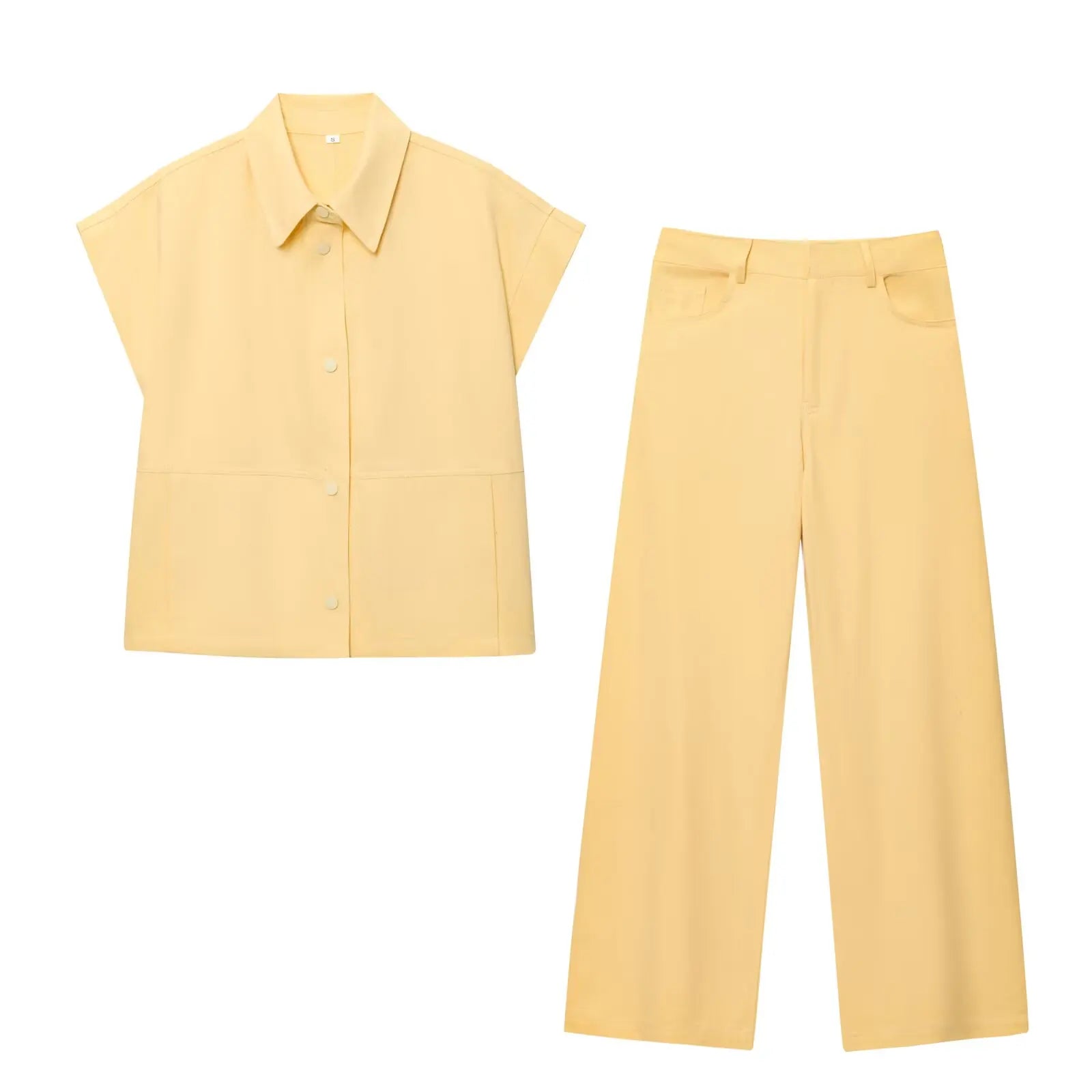 Conjunto de Chaleco y Pantalón Moda Urbana - Set de Dos Piezas con Solapa - Chaleco Manga Corta y Pantalón Pierna Ancha - Outfit Casual Verano Mujer